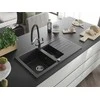 Granitinė virtuvinė plautuvė Mexen Matias su maišytuvu ir sifonu, Juodas granite+Juodas/Chrome