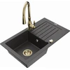 Granitinė virtuvinė plautuvė Mexen Pablo su maišytuvu ir sifonu, Juodas granite+Gold