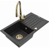 Granitinė virtuvinė plautuvė Mexen Pablo su maišytuvu ir sifonu, Metallic juodas/sidabrinis+Gold