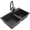 Granitinė virtuvinė plautuvė Mexen Tomas su maišytuvu ir sifonu, Juodas granite+Juodas