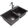 Granitinė virtuvinė plautuvė Mexen Tomas su maišytuvu ir sifonu, Juodas granite+Juodas granite/Chrome