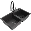 Granitinė virtuvinė plautuvė Mexen Tomas su maišytuvu ir sifonu, Juodas granite+Juodas/Chrome