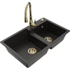 Granitinė virtuvinė plautuvė Mexen Tomas su maišytuvu ir sifonu, Metallic juodas/auksinis+Gold