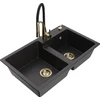 Granitinė virtuvinė plautuvė Mexen Tomas su maišytuvu ir sifonu, Metallic juodas/sidabrinis+Juodas/Gold