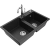 Granitinė virtuvinė plautuvė Mexen Tomas su maišytuvu ir sifonu, Metallic juodas/sidabrinis+Chrome