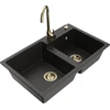 Granitinė virtuvinė plautuvė Mexen Tomas su maišytuvu ir sifonu, Metallic juodas/auksinis+Gold