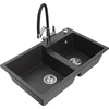 Granitinė virtuvinė plautuvė Mexen Tomas su maišytuvu ir sifonu, Juodas granite+Juodas/Chrome