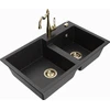 Granitinė virtuvinė plautuvė Mexen Tomas su maišytuvu ir sifonu, Metallic juodas/sidabrinis+Gold