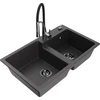 Granitinė virtuvinė plautuvė Mexen Tomas su maišytuvu ir sifonu, Juodas granite+Juodas/Chrome