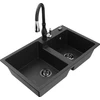Granitinė virtuvinė plautuvė Mexen Tomas su maišytuvu ir sifonu, Metallic juodas/sidabrinis+Juodas