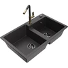 Granitinė virtuvinė plautuvė Mexen Tomas su maišytuvu ir sifonu, Juodas granite+Juodas granite/Gold