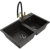 Granitinė virtuvinė plautuvė Mexen Tomas su maišytuvu ir sifonu, Metallic juodas/auksinis+Juodas/Gold