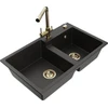 Granitinė virtuvinė plautuvė Mexen Tomas su maišytuvu ir sifonu, Metallic juodas/auksinis+Gold