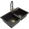 Granitinė virtuvinė plautuvė Mexen Tomas su maišytuvu ir sifonu, Metallic juodas/auksinis+Juodas/Gold