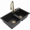 Granitinė virtuvinė plautuvė Mexen Tomas su maišytuvu ir sifonu, Metallic juodas/sidabrinis+Gold