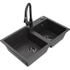 Granitinė virtuvinė plautuvė Mexen Tomas su maišytuvu ir sifonu, Juodas granite+Juodas