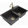 Granitinė virtuvinė plautuvė Mexen Tomas su maišytuvu ir sifonu, Juodas granite+Gold