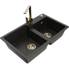 Granitinė virtuvinė plautuvė Mexen Tomas su maišytuvu ir sifonu, Metallic juodas/auksinis+Gold