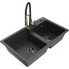 Granitinė virtuvinė plautuvė Mexen Tomas su maišytuvu ir sifonu, Juodas granite+Juodas/Gold