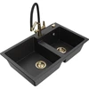 Granitinė virtuvinė plautuvė Mexen Tomas su maišytuvu ir sifonu, Metallic juodas/sidabrinis+Juodas/Gold
