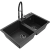 Granitinė virtuvinė plautuvė Mexen Tomas su maišytuvu ir sifonu, Metallic juodas/sidabrinis+Juodas/Chrome