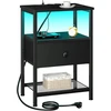 AMHANCIBLE naktinis staliukas su LED, USB ir elektros lizdais, tekstilinė stalčius, juodas, EHETS01BK-1