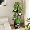 Bamworld 6 lygių metalinis kampinis gėlių stovas su medinėmis lentynomis, juodas, 130 cm