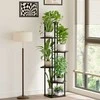 Bamworld 6 lygių metalinis kampinis gėlių stovas su medinėmis lentynomis, juodas, 130 cm