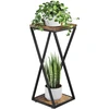 Bamworld dviejų lygių metalinis kampinis augalų stovas su MDF lentynomis, juodas, TM02-5T-BR