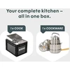 BOXIO dujinė stovyklavimo viryklė su indų rinkiniu, vėjo apsauga, nerūdijančio plieno korpusu, 1500 W, BOX-COOK-P-10