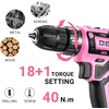 DEKOPRO akumuliatorinė gręžtuvas-vairuoklis 20 V, 2 baterijos, LED, 40 Nm, 2 greičių, rožinė
