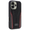 Audi Genuine Leather MagSafe Apple iPhone 16 6.1″ juodos spalvos-red kietas dėklas AU-TPUPCMIP16-R8/D3-RD
