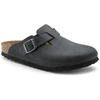 Birkenstock Boston Juodas moteriškos/vyriškos klumpės, aliejuotos odos, siauros šlepetės (0059463)