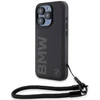 Dėklas BMW BMHCP15X23RMRLK Apple iPhone 15 Pro Max 6.7″ juodos spalvos kietas dėklas Signature Leather Wordmark Cord