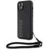 Dėklas BMW BMHCP15S23RMRLK Apple iPhone 15 14 13 6.1″ juodos spalvos kietas dėklas Signature Leather Wordmark Cord