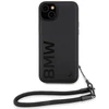 Dėklas BMW BMHCP15S23RMRLK Apple iPhone 15 14 13 6.1″ juodos spalvos kietas dėklas Signature Leather Wordmark Cord