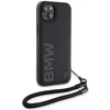 Dėklas BMW BMHCP15M23RMRLK Apple iPhone 15 Plus 14 Plus 6.7″ juodos spalvos kietas dėklas Signature Leather Wordmark Cor