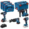 BOSCH įrankių rinkinys 18V (GSR 18V-90C + GDX 18V-210C + GBH 18V-24C + GSA 18V-28), 1x 4,0 Ah akumuliatorius, 2x 5,5 Ah akumuliatoriai