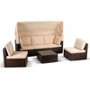 Grandininis pjūklas CALIENTE sodo baldų komplektas: modulinė sofa, 2 foteliai, terasos stalas, ruda/smėlio spalvos, modernus technoratanas