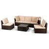 Grandininis pjūklas CALIENTE sodo baldų komplektas: modulinė sofa, 2 foteliai, terasos stalas, ruda/smėlio spalvos, modernus technoratanas