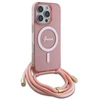 Guess GUHMP16LHCTSGNSP Apple iPhone 16 Pro 6.3″ rožinės spalvos kietas dėklas Crossbody Cord Script MagSafe