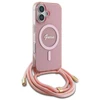 Guess GUHMP16SHCTSGNSP Apple iPhone 16 6.1″ rožinės spalvos kietas dėklas Crossbody Cord Script MagSafe