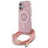 Guess GUHMP16SHCTSGNSP Apple iPhone 16 6.1″ rožinės spalvos kietas dėklas Crossbody Cord Script MagSafe