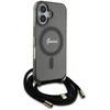 Guess GUHMP16SHCTSGNSK Apple iPhone 16 6.1″ juodos spalvos kietas dėklas Crossbody Cord Script MagSafe