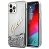 Guess GUHCP12LGLVSSI Apple iPhone 12 Pro Max 6,7″ sidabrinis kietas dėklas Glitter Vintage Script