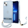 Guess GUHCP13MHTSGSB Apple iPhone 13 / 14 / 15 6.1" mėlynas kietas dėklas su permatomu dirželiu