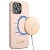 Guess dėklas iPhone 13 Pro / 13 6,1 GUHMP13LLLSLMGLP šviesiai rožinės spalvos kietasis dėklas Silikoninis Script Gold Logo Magsafe