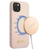 Guess GUHMP13MLSLMGLP Apple iPhone 13 / 14 /15 6,1″ light rožinės spalvos kietas dėklas Silicone Script Gold Logo Magsaf