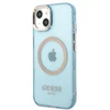 Guess GUHMP13MHTCMB Apple iPhone 13 / 14 / 15 6.1″ mėlynas kietas dėklas Gold Outline Translucent MagSaf