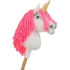 Hobby Horse vienaragis ant lazdos su rožine karčiene ir auksiniu ragu